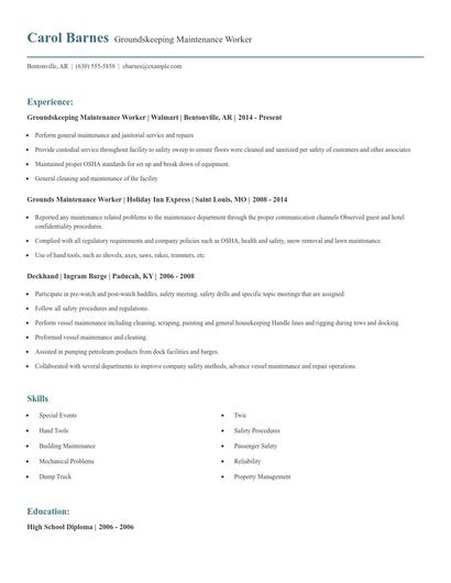 Groundskeeping Maintenance Worker Resume