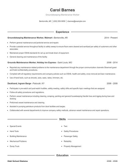 Groundskeeping Maintenance Worker Resume