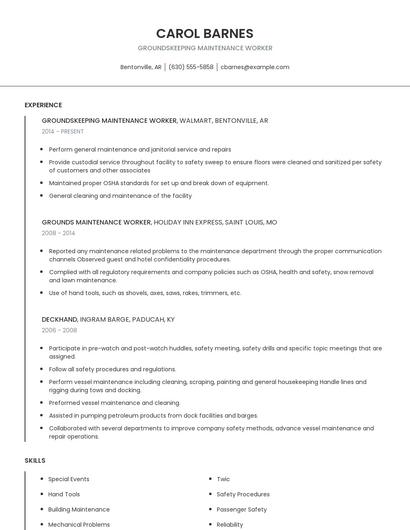 Groundskeeping Maintenance Worker Resume
