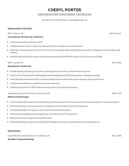 Groundwater Monitoring Technician Resume