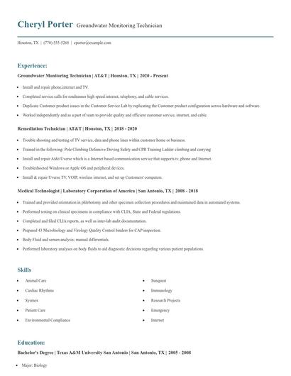 Groundwater Monitoring Technician Resume