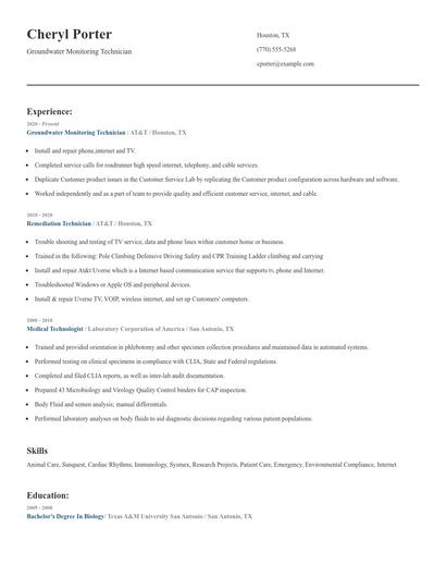 Groundwater Monitoring Technician Resume