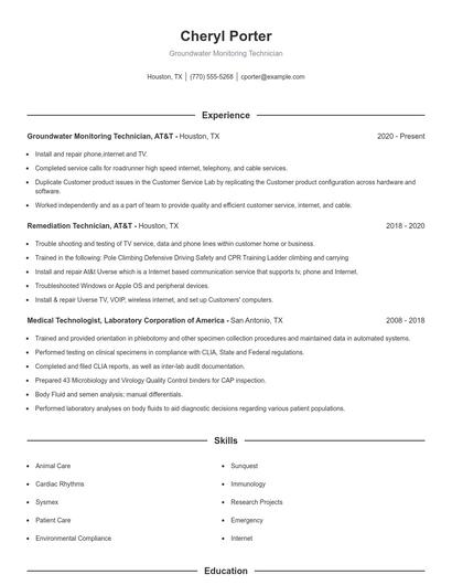 Groundwater Monitoring Technician Resume