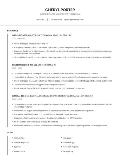Groundwater Monitoring Technician Resume