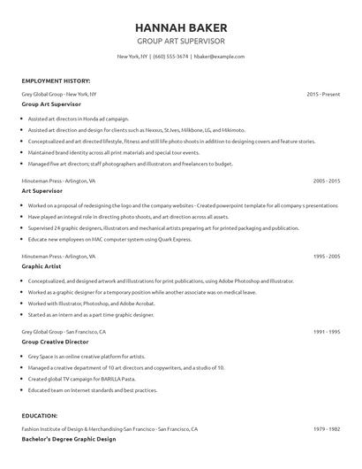 Group Art Supervisor Resume