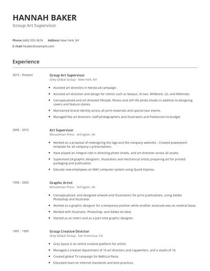 Group Art Supervisor Resume