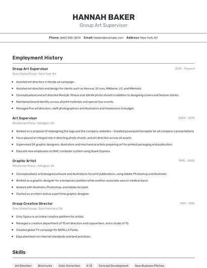 Group Art Supervisor Resume