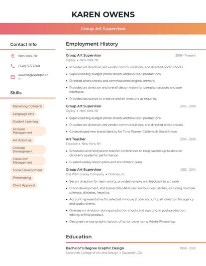 Group Art Supervisor Resume