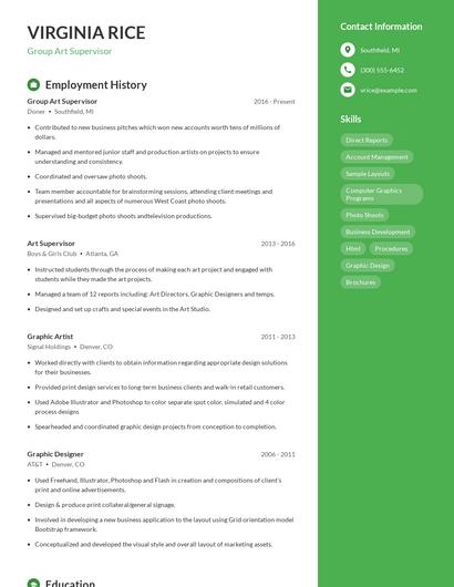 Group Art Supervisor Resume