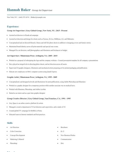 Group Art Supervisor Resume
