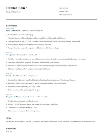 Group Art Supervisor Resume