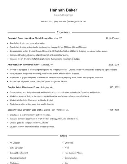 Group Art Supervisor Resume