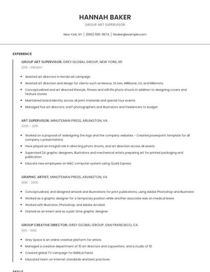 Group Art Supervisor Resume
