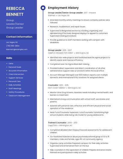 Group Leader/Senior Group Leader Resume