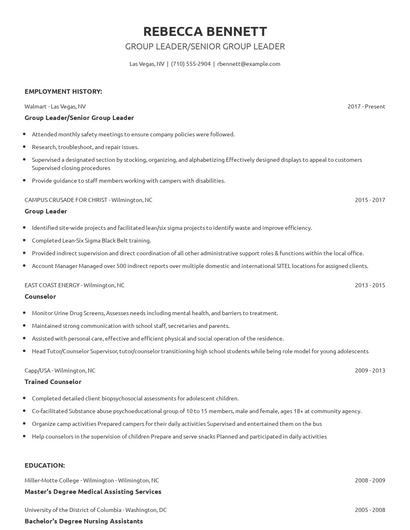 Group Leader/Senior Group Leader Resume