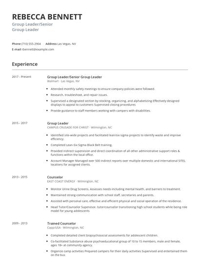 Group Leader/Senior Group Leader Resume