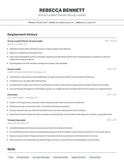 Group Leader/Senior Group Leader Resume