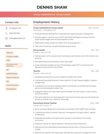 Group Leader/Senior Group Leader Resume