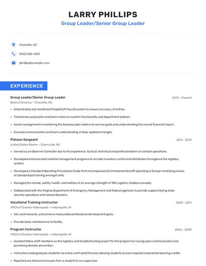 Group Leader/Senior Group Leader Resume