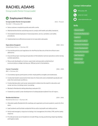 Group Leader/Senior Group Leader Resume