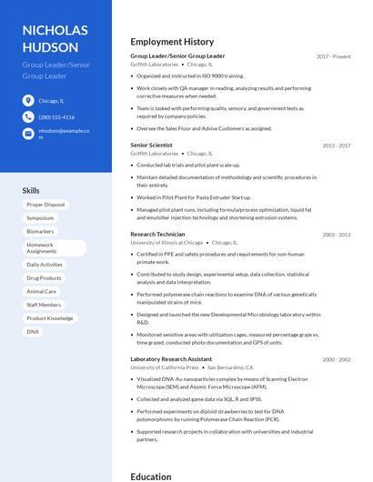 Group Leader/Senior Group Leader Resume