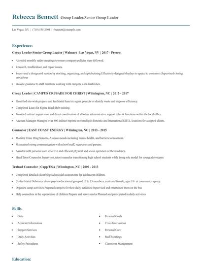 Group Leader/Senior Group Leader Resume