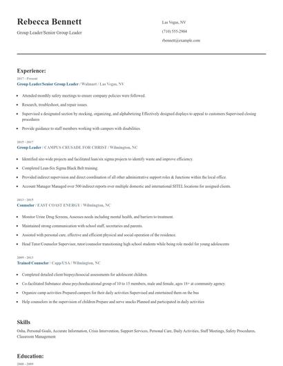 Group Leader/Senior Group Leader Resume