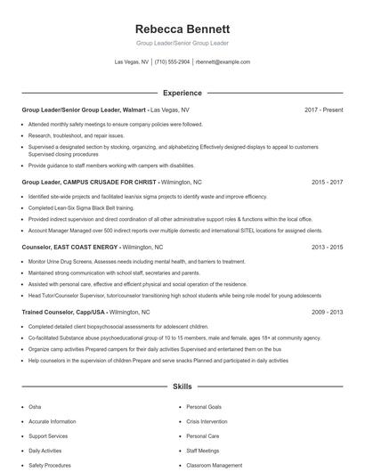 Group Leader/Senior Group Leader Resume