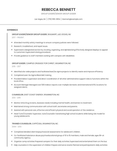 Group Leader/Senior Group Leader Resume
