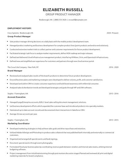 Group Product Manager Resume