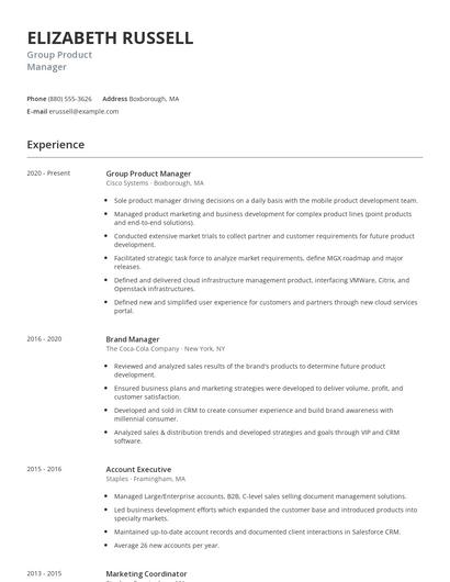 Group Product Manager Resume