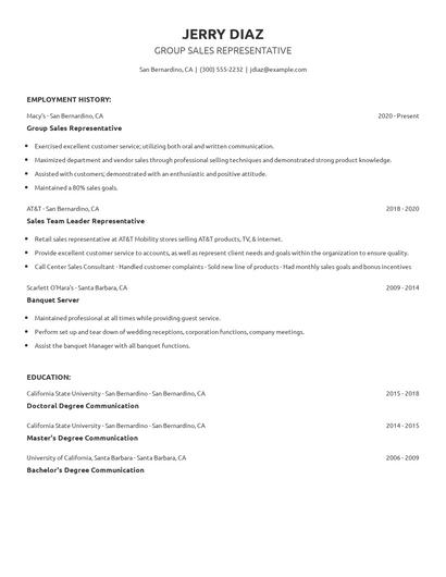 Group Sales Representative Resume