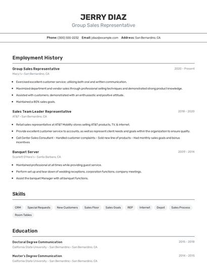 Group Sales Representative Resume