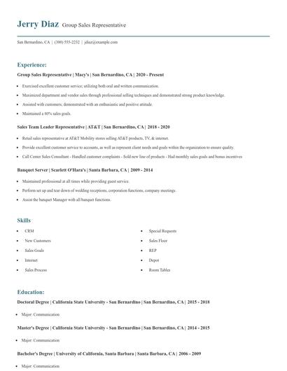 Group Sales Representative Resume
