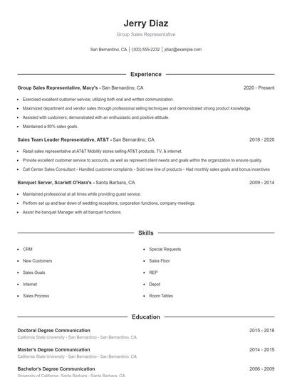 Group Sales Representative Resume