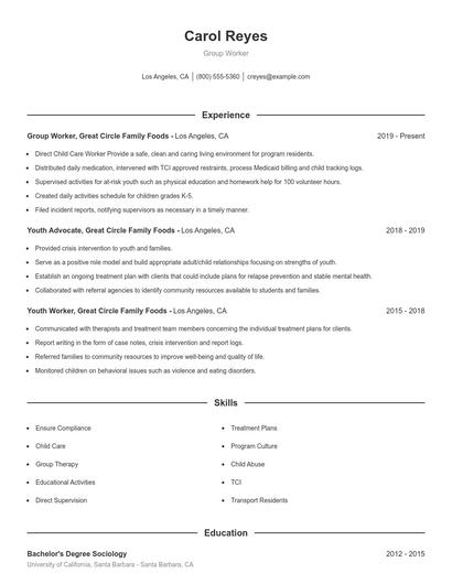 Group Worker Resume