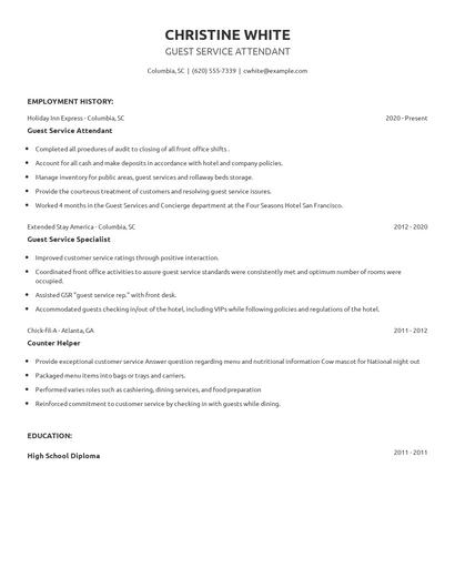 Guest Service Attendant Resume