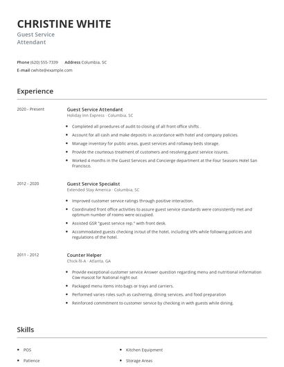 Guest Service Attendant Resume