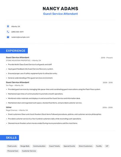 Guest Service Attendant Resume