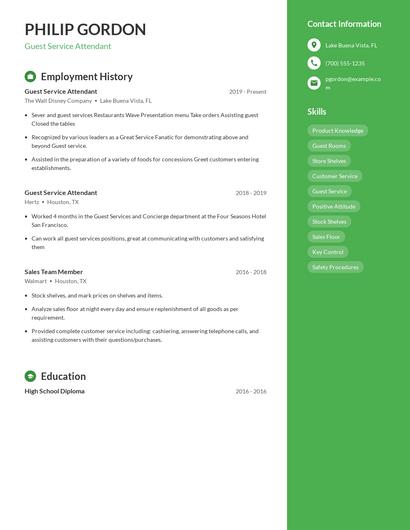 Guest Service Attendant Resume