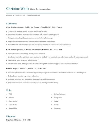 Guest Service Attendant Resume