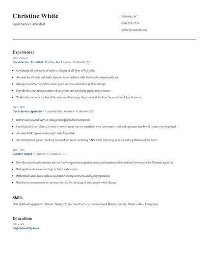 Guest Service Attendant Resume