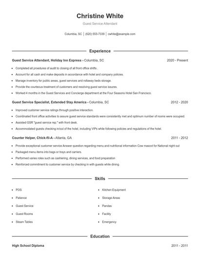 Guest Service Attendant Resume