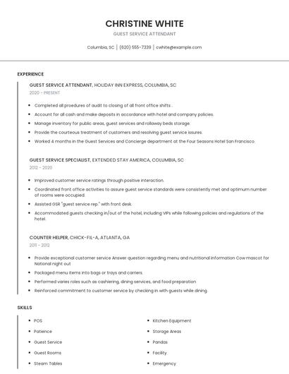 Guest Service Attendant Resume