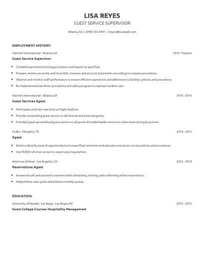 Guest Service Supervisor Resume