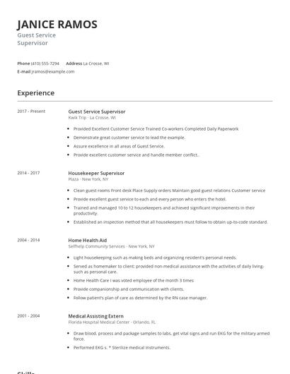 Guest Service Supervisor Resume