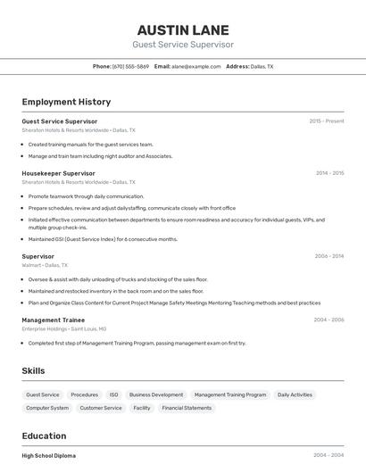 Guest Service Supervisor Resume