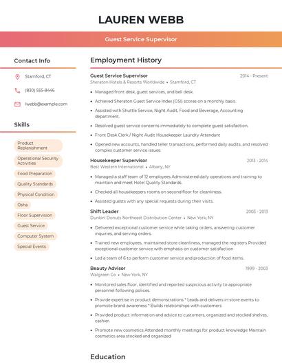 Guest Service Supervisor Resume