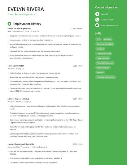 Guest Service Supervisor Resume