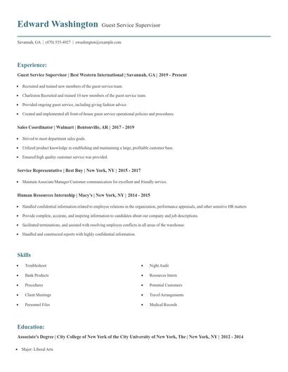 Guest Service Supervisor Resume
